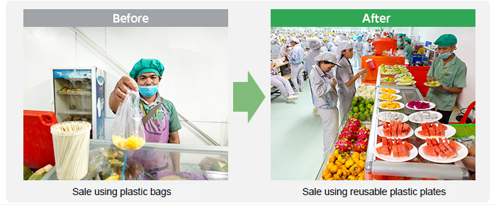 image : Sale using plastic bags -> Sale using reusable plastic plates