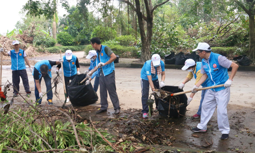 image : Employees participate in cleanup following a typhoon