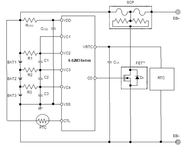 Figure: Example of a protection circuit using the S-82M3 Series