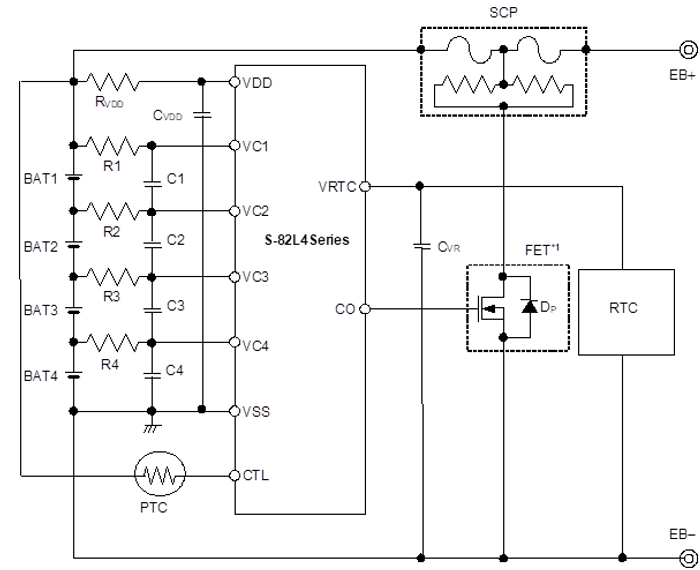 Figure: Example of a protection circuit using the S-82L4 Series