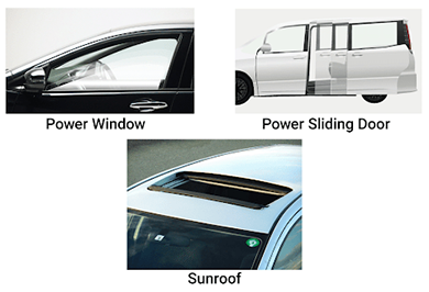 Photos of car windows, sunroofs, and doors
